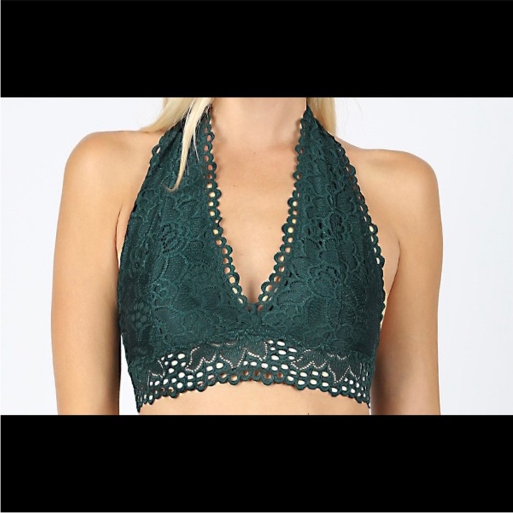Green Lace Halter Bralette Wireless Fully Lined - Picture 5 of 6